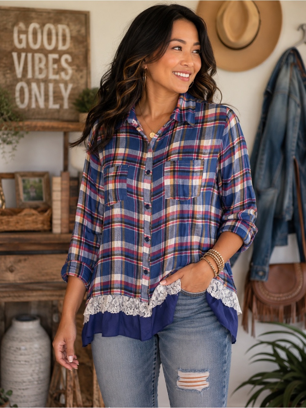 Blue Plaid Button-Down Shirt with Lace Trim